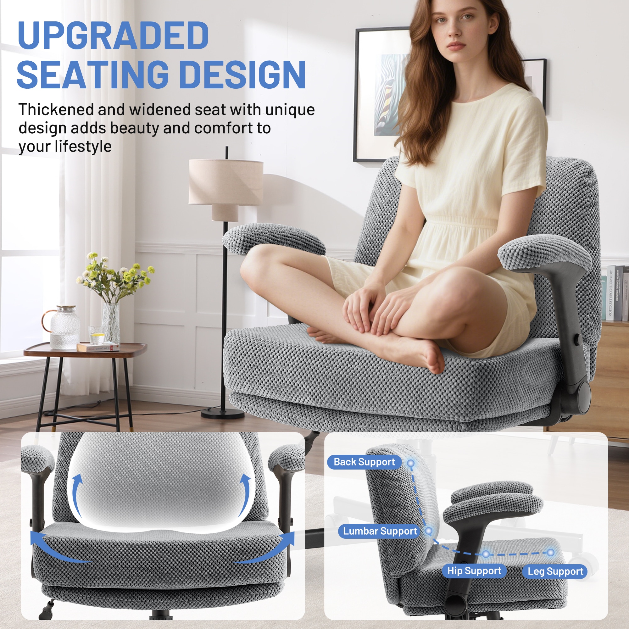 Criss Cross Chair With Wheels And Flip Arms- Comfy Fabric Cross Legged Office Chair With Thick Cushion&Wide Seat, Adjustable Swivel Desk Chair For Home Office, Apartment, Bedroom_voghion.com